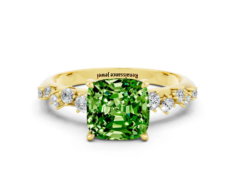 Yellow gold Cushion Cut Peridot Cluster Side Stone Solitaire Ring with Prong Setting_24