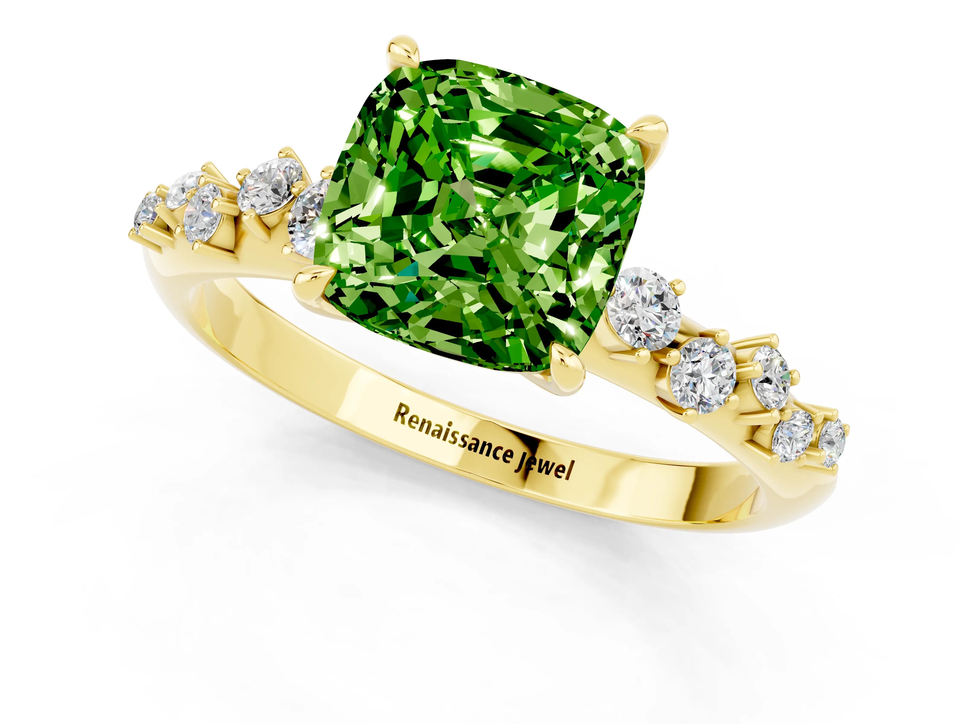 Yellow gold Cushion Cut Peridot Cluster Side Stone Solitaire Ring with Prong Setting_25