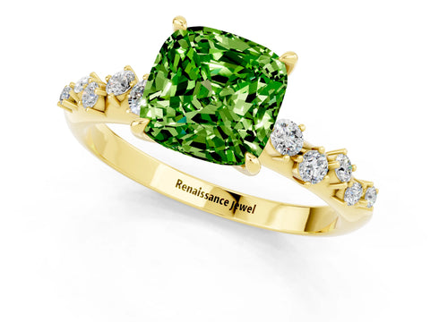 Yellow gold Cushion Cut Peridot Cluster Side Stone Solitaire Ring with Prong Setting_25