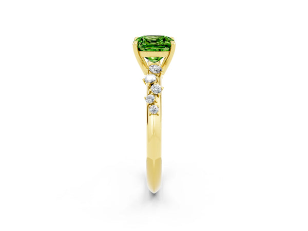 Yellow gold Cushion Cut Peridot Cluster Side Stone Solitaire Ring with Prong Setting