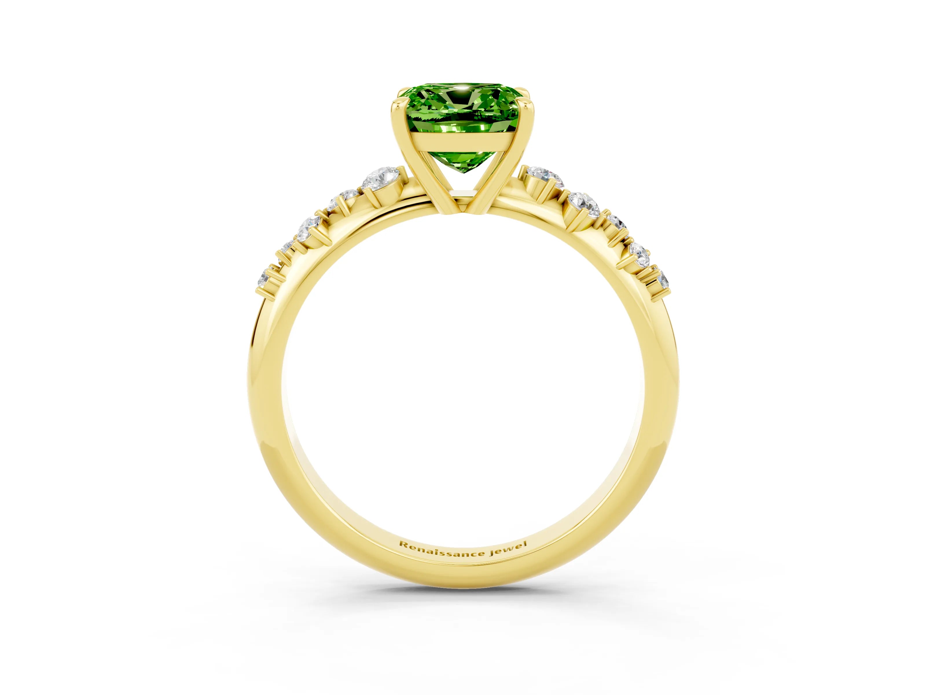 Yellow gold Cushion Cut Peridot Cluster Side Stone Solitaire Ring with Prong Setting_27