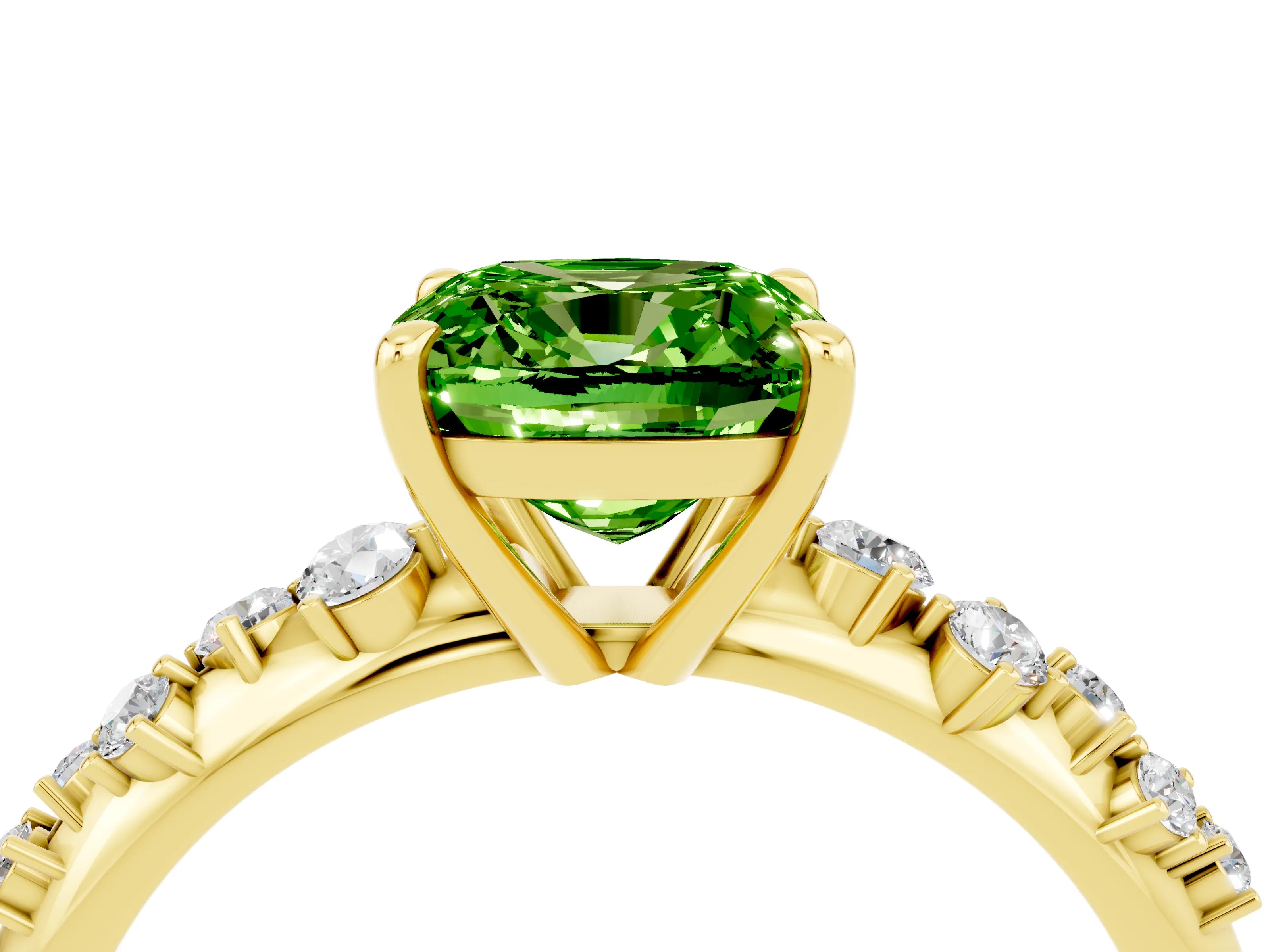 Yellow gold Cushion Cut Peridot Cluster Side Stone Solitaire Ring with Prong Setting_28