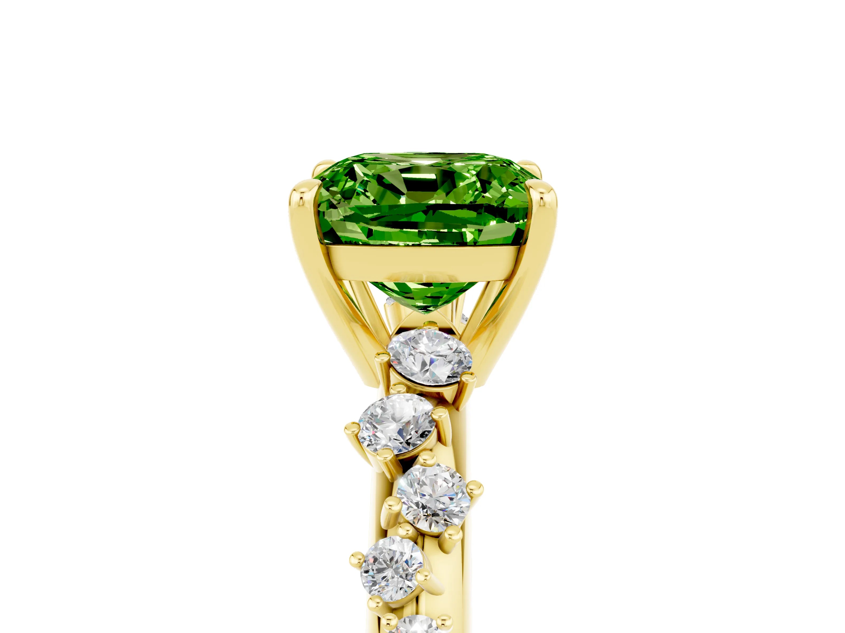 Yellow gold Cushion Cut Peridot Cluster Side Stone Solitaire Ring with Prong Setting_29