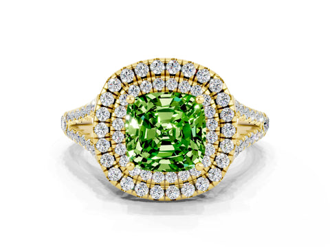 Yellow gold Cushion Cut Peridot Double Halo Ring with Pavé Band and Prong Setting_12