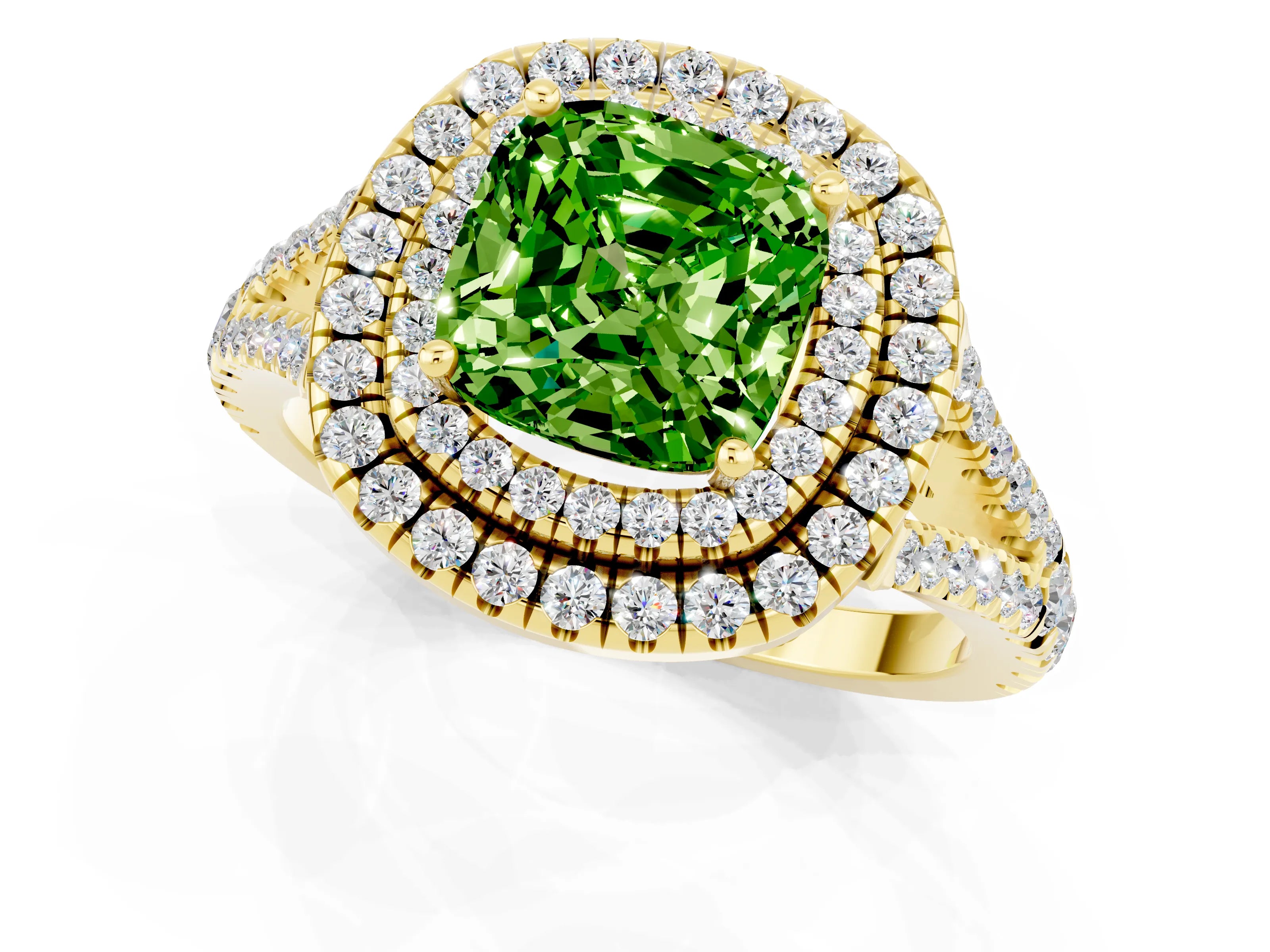 Yellow gold Cushion Cut Peridot Double Halo Ring with Pavé Band and Prong Setting_13