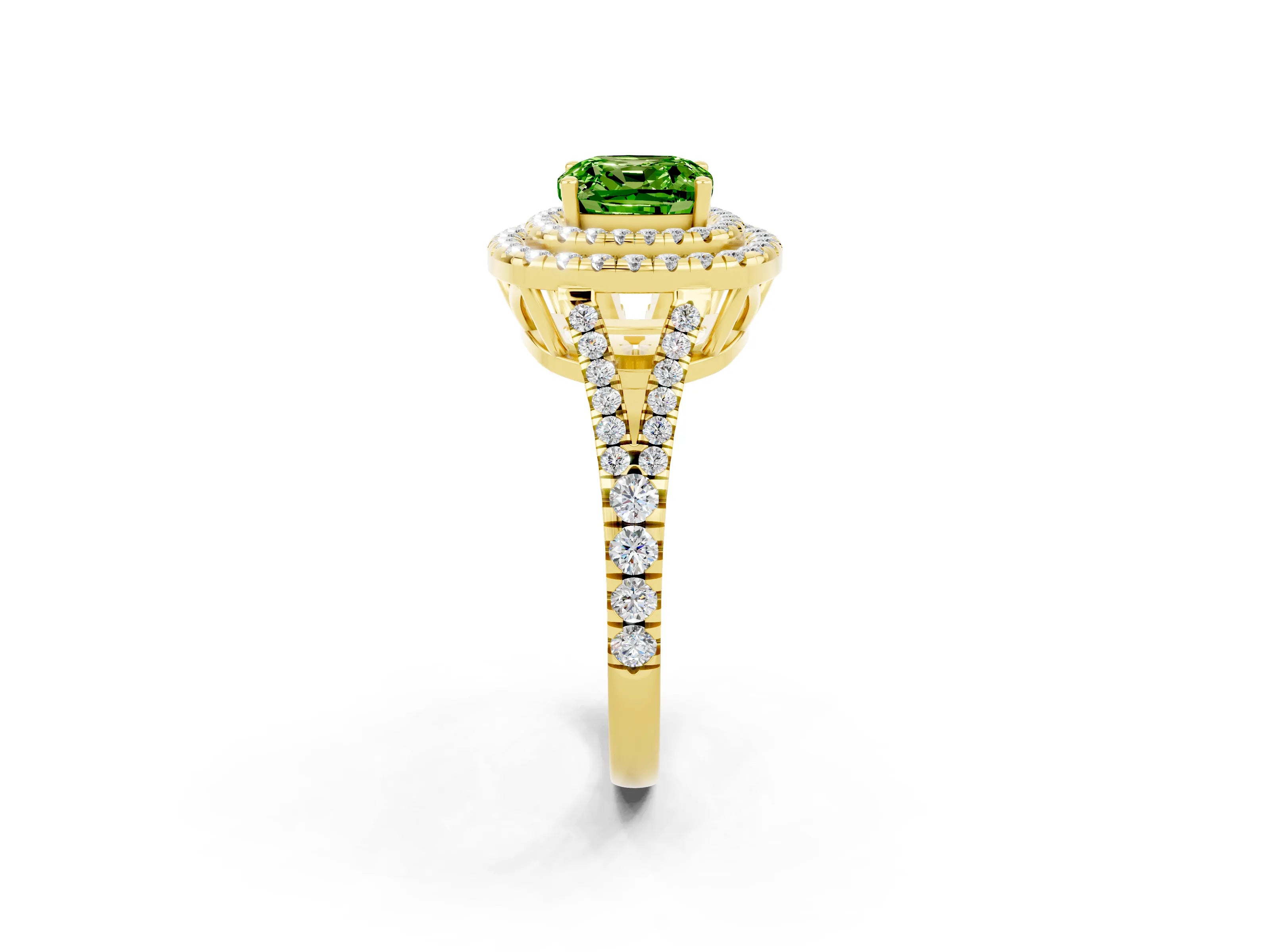 Yellow gold Cushion Cut Peridot Double Halo Ring with Pavé Band and Prong Setting_14