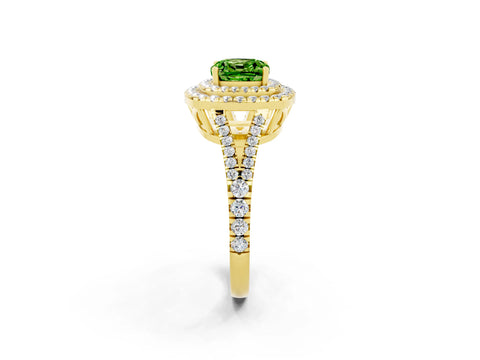 Yellow gold Cushion Cut Peridot Double Halo Ring with Pavé Band and Prong Setting_14