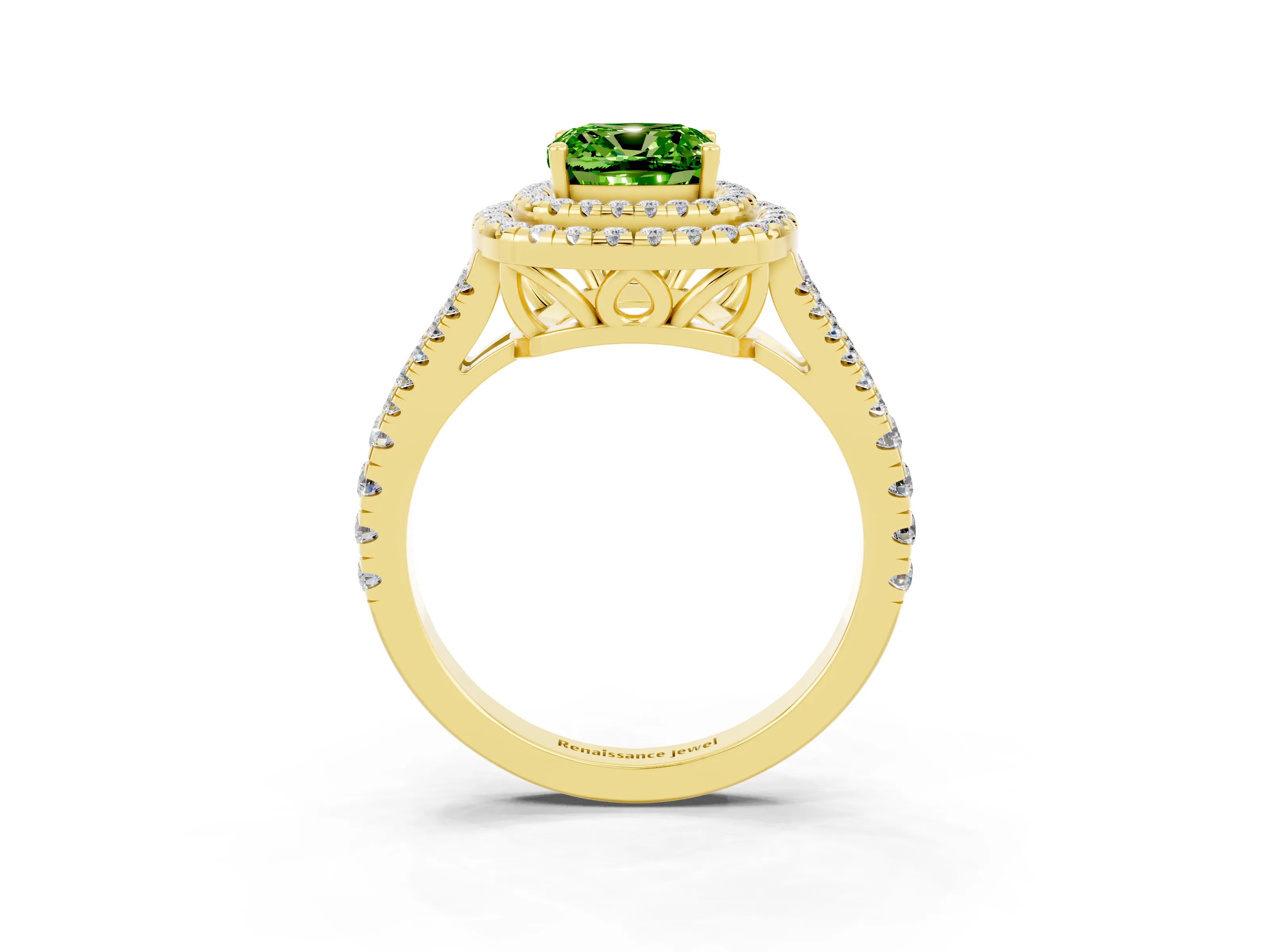 Yellow gold Cushion Cut Peridot Double Halo Ring with Pavé Band and Prong Setting_15