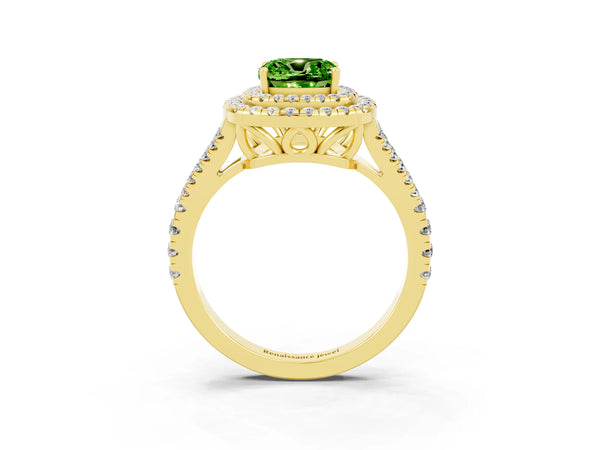Yellow gold Cushion Cut Peridot Double Halo Ring with Pavé Band and Prong Setting