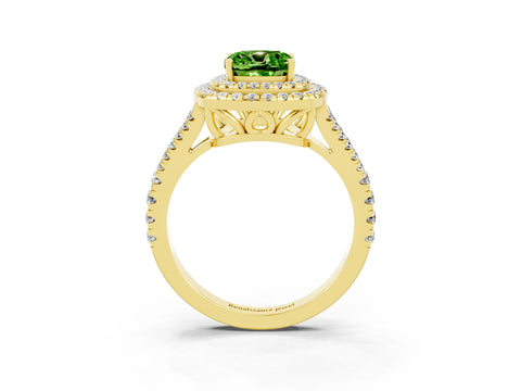 Yellow gold Cushion Cut Peridot Double Halo Ring with Pavé Band and Prong Setting_15