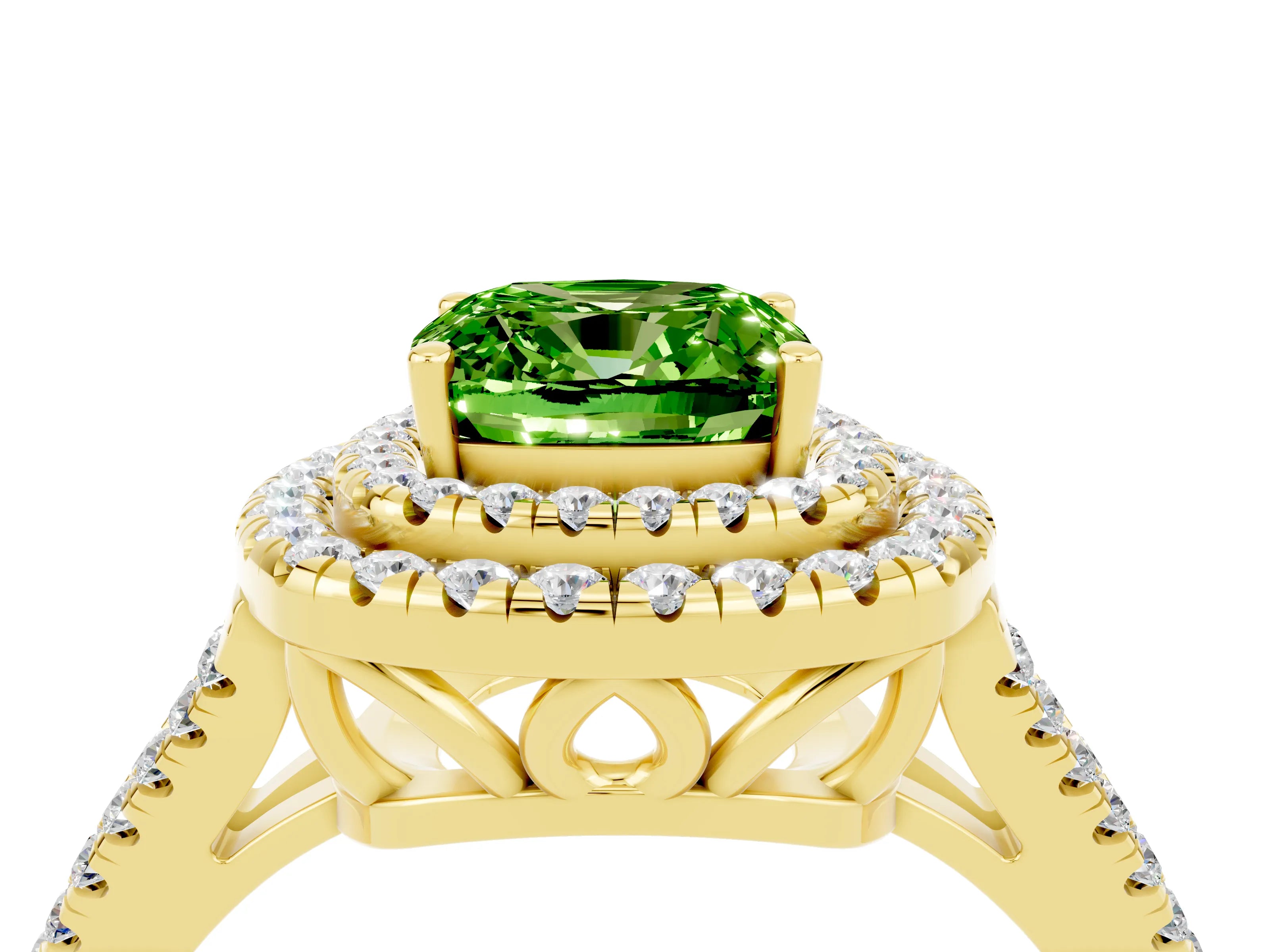 Yellow gold Cushion Cut Peridot Double Halo Ring with Pavé Band and Prong Setting_16