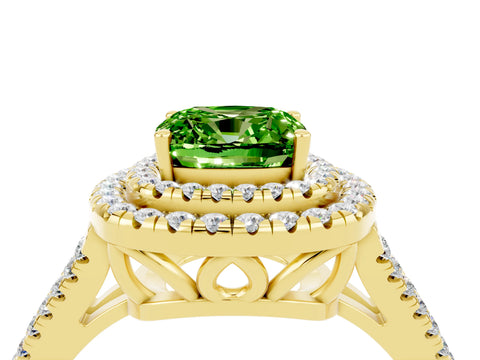 Yellow gold Cushion Cut Peridot Double Halo Ring with Pavé Band and Prong Setting_16