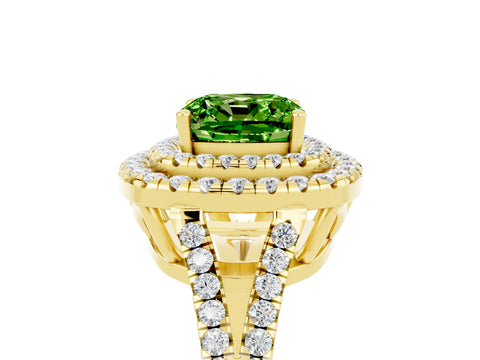 Yellow gold Cushion Cut Peridot Double Halo Ring with Pavé Band and Prong Setting_17