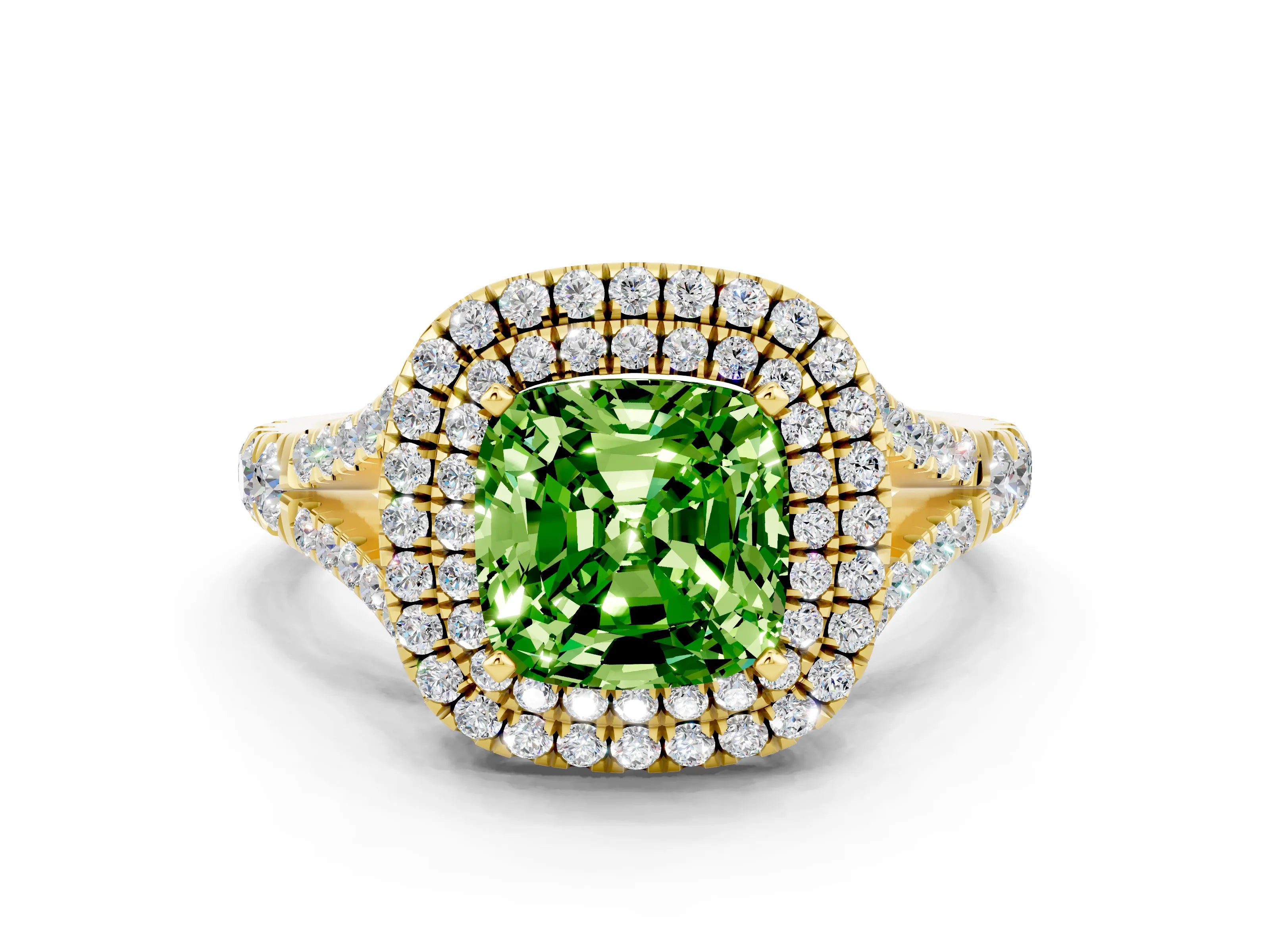 Yellow gold Cushion Cut Peridot Double Halo Ring with Split Shank and Prong Setting_12