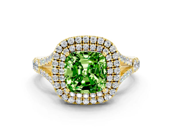 Yellow gold Cushion Cut Peridot Double Halo Ring with Split Shank and Prong Setting