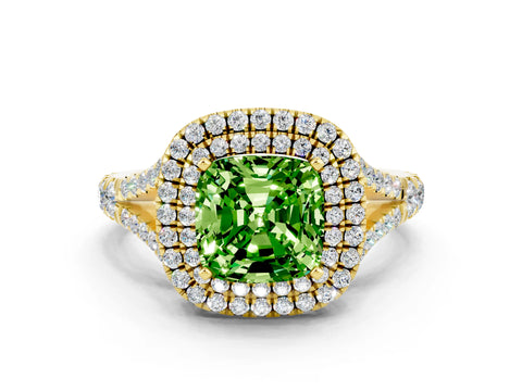 Yellow gold Cushion Cut Peridot Double Halo Ring with Split Shank and Prong Setting_12