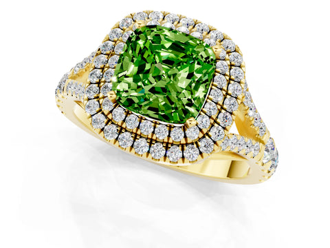 Yellow gold Cushion Cut Peridot Double Halo Ring with Split Shank and Prong Setting_13