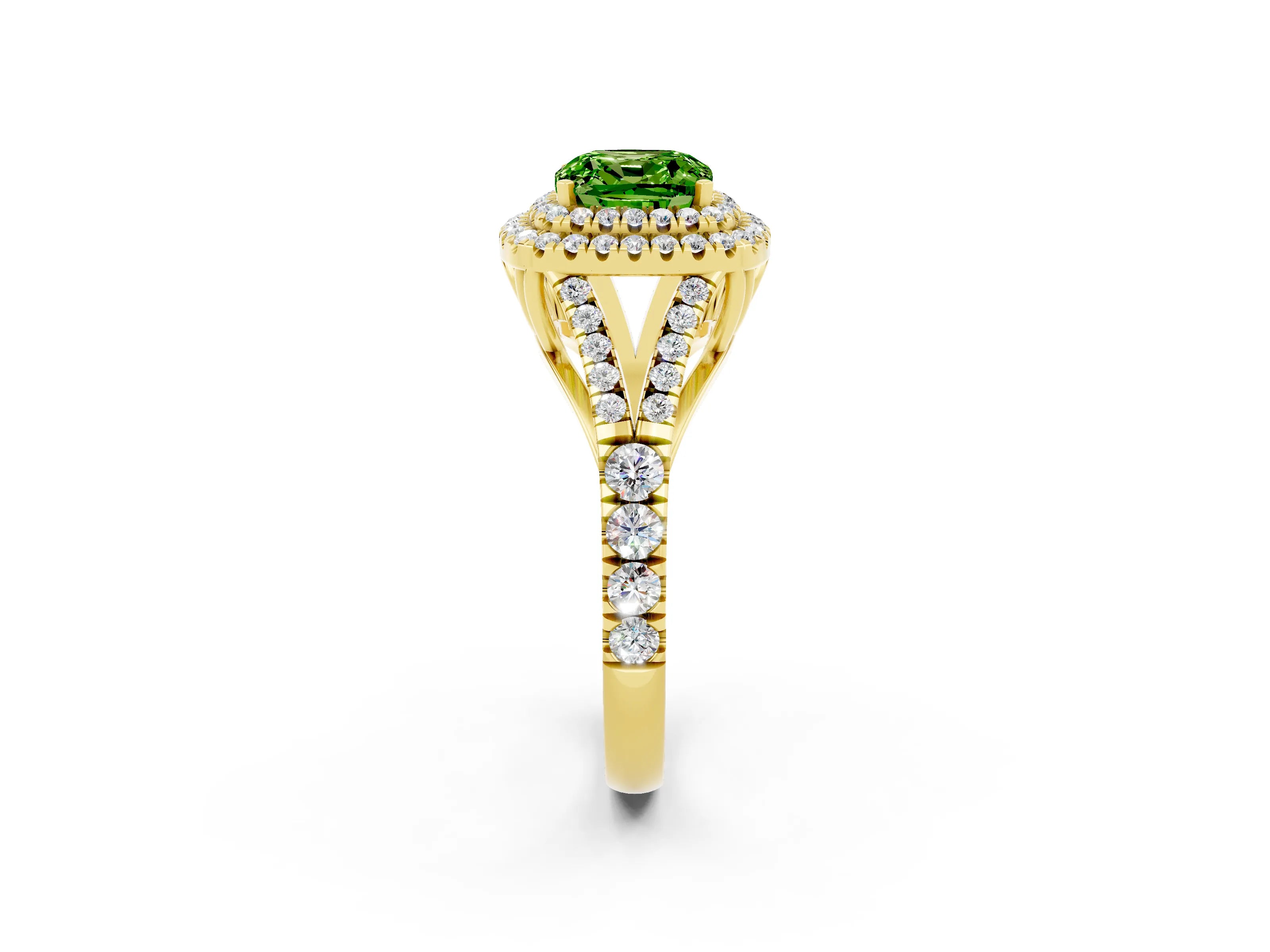 Yellow gold Cushion Cut Peridot Double Halo Ring with Split Shank and Prong Setting_14