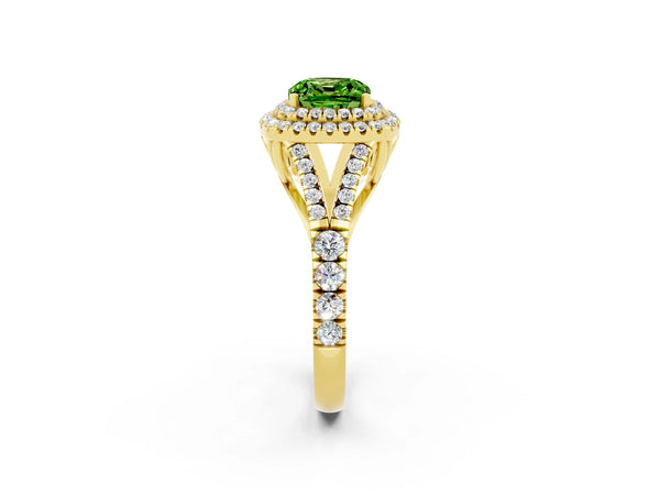 Yellow gold Cushion Cut Peridot Double Halo Ring with Split Shank and Prong Setting