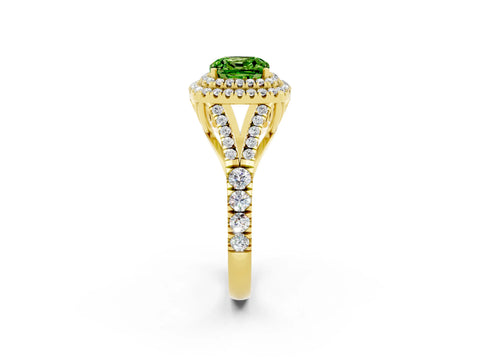Yellow gold Cushion Cut Peridot Double Halo Ring with Split Shank and Prong Setting_14