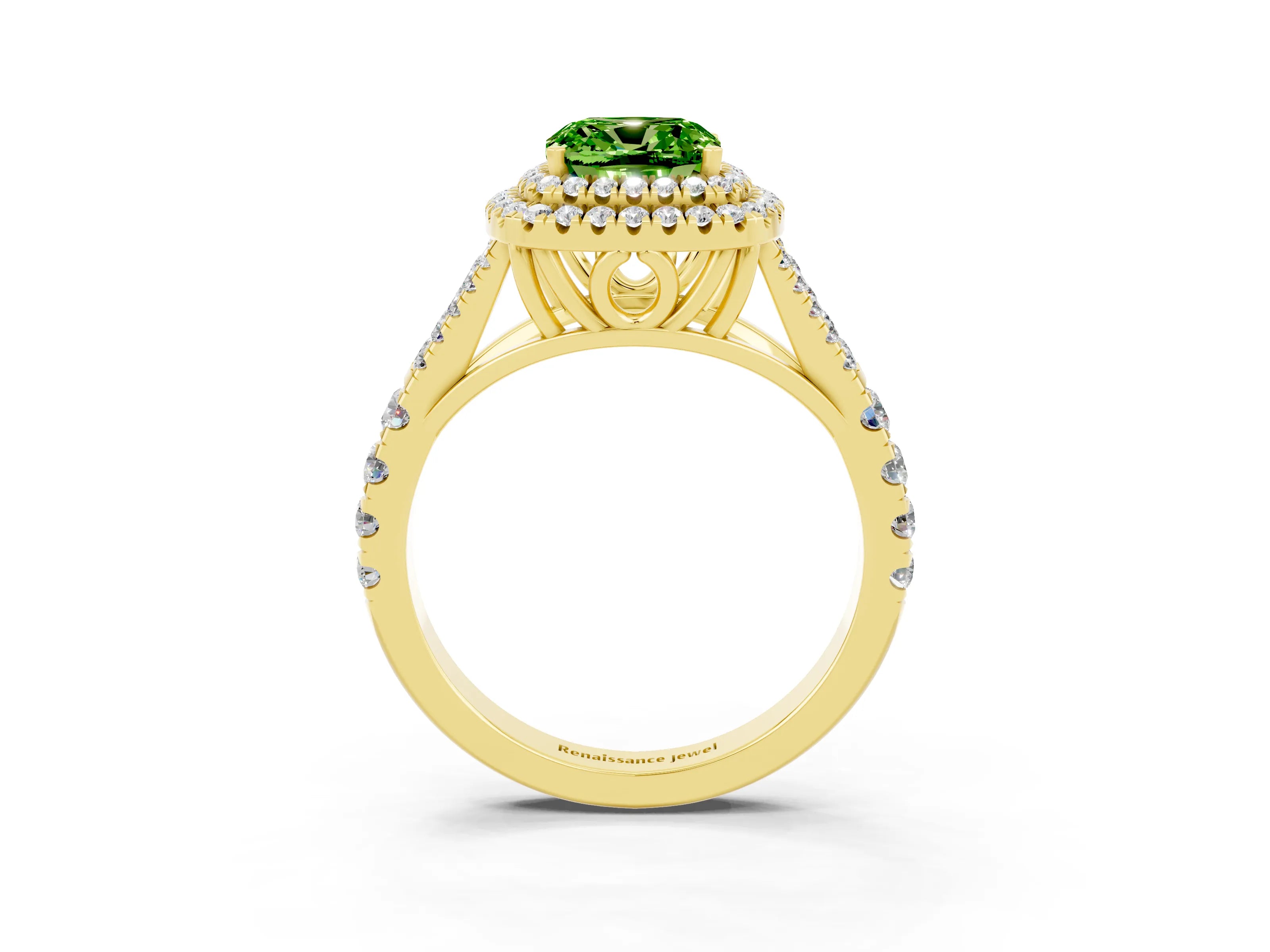 Yellow gold Cushion Cut Peridot Double Halo Ring with Split Shank and Prong Setting_15