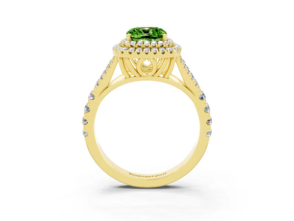 Yellow gold Cushion Cut Peridot Double Halo Ring with Split Shank and Prong Setting