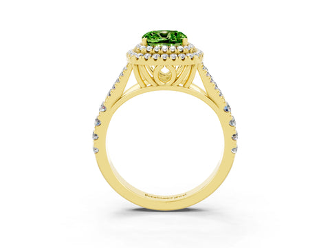 Yellow gold Cushion Cut Peridot Double Halo Ring with Split Shank and Prong Setting_15