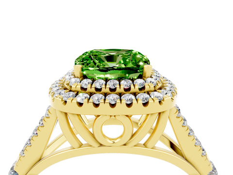 Yellow gold Cushion Cut Peridot Double Halo Ring with Split Shank and Prong Setting_16