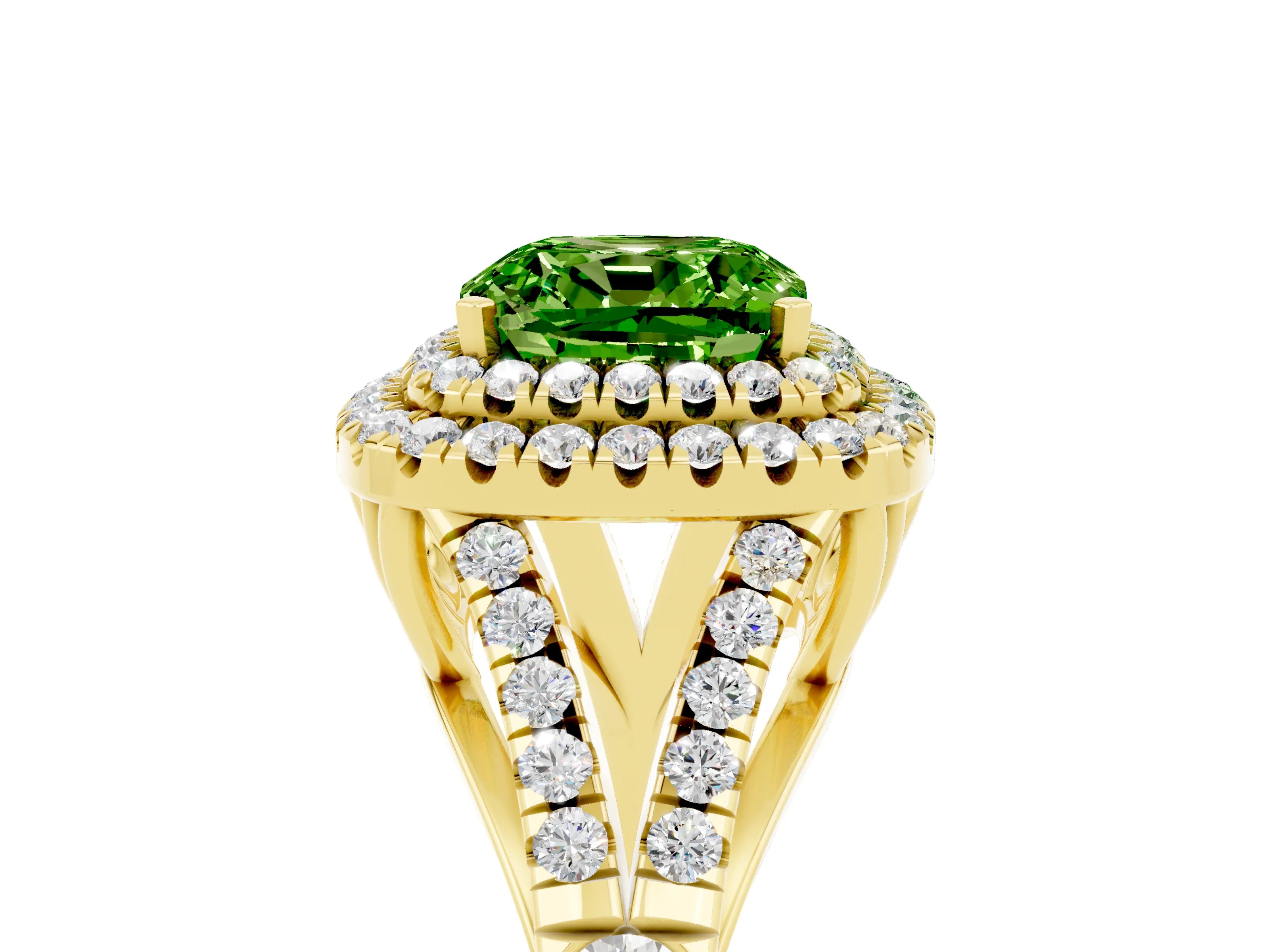Yellow gold Cushion Cut Peridot Double Halo Ring with Split Shank and Prong Setting_17