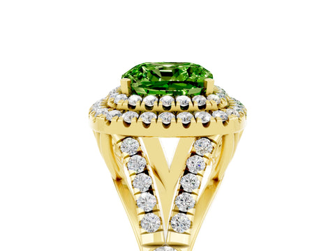 Yellow gold Cushion Cut Peridot Double Halo Ring with Split Shank and Prong Setting_17