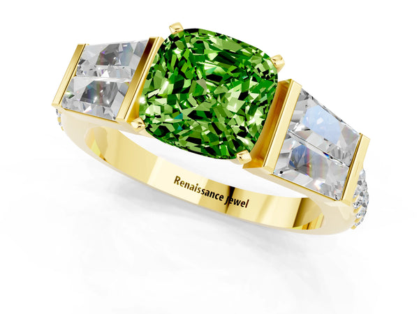 Yellow gold Cushion Cut Peridot Engagement Ring with Baguette Side Stones and Channel Set Band