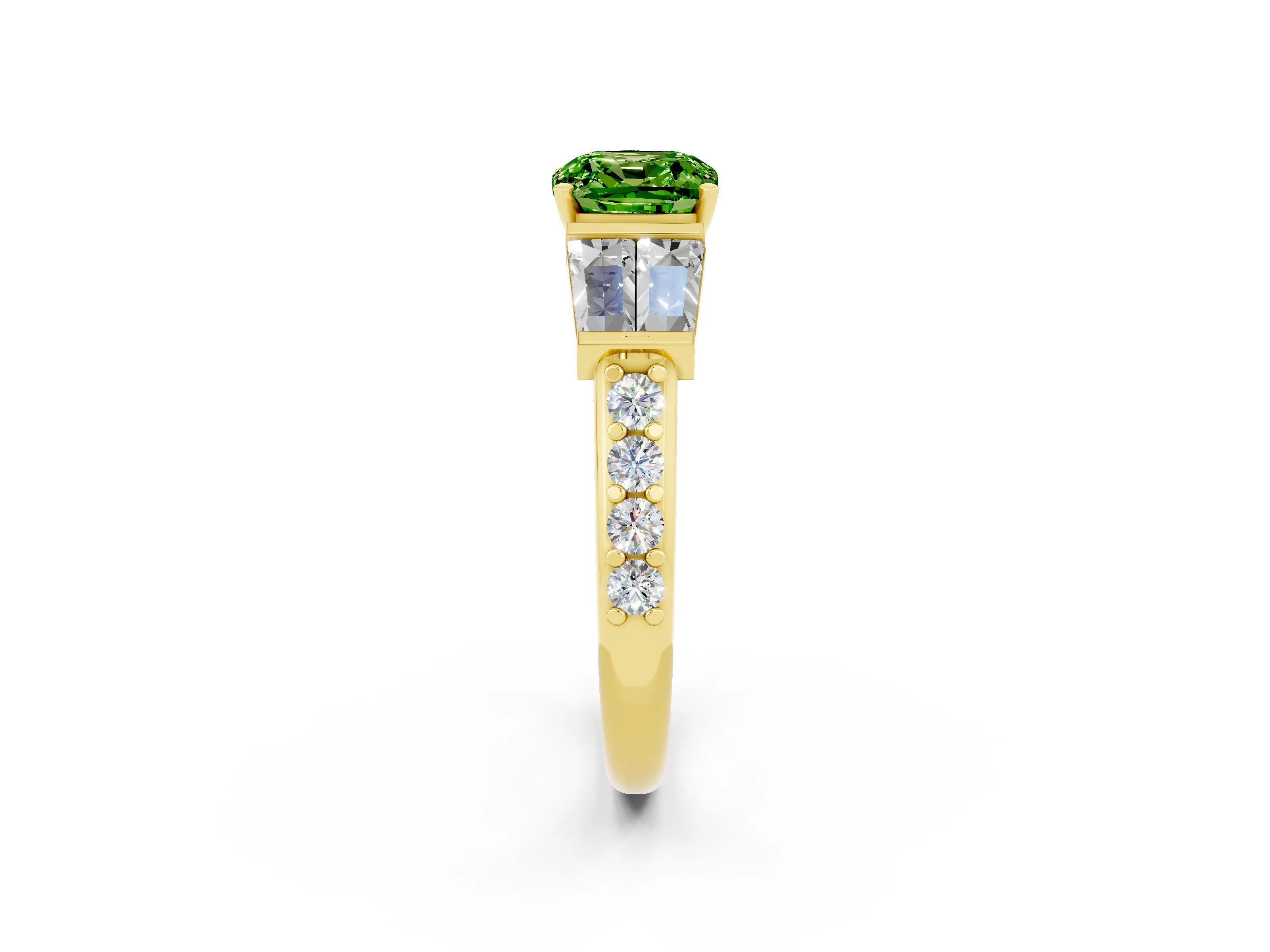 Yellow gold Cushion Cut Peridot Engagement Ring with Baguette Side Stones and Channel Set Band_2