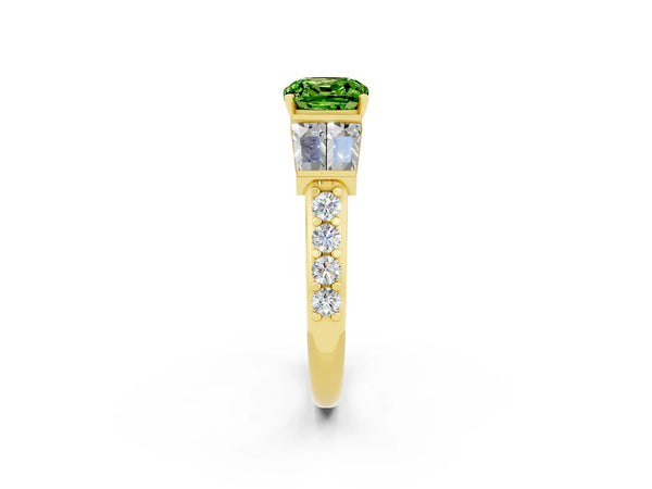 Yellow gold Cushion Cut Peridot Engagement Ring with Baguette Side Stones and Channel Set Band