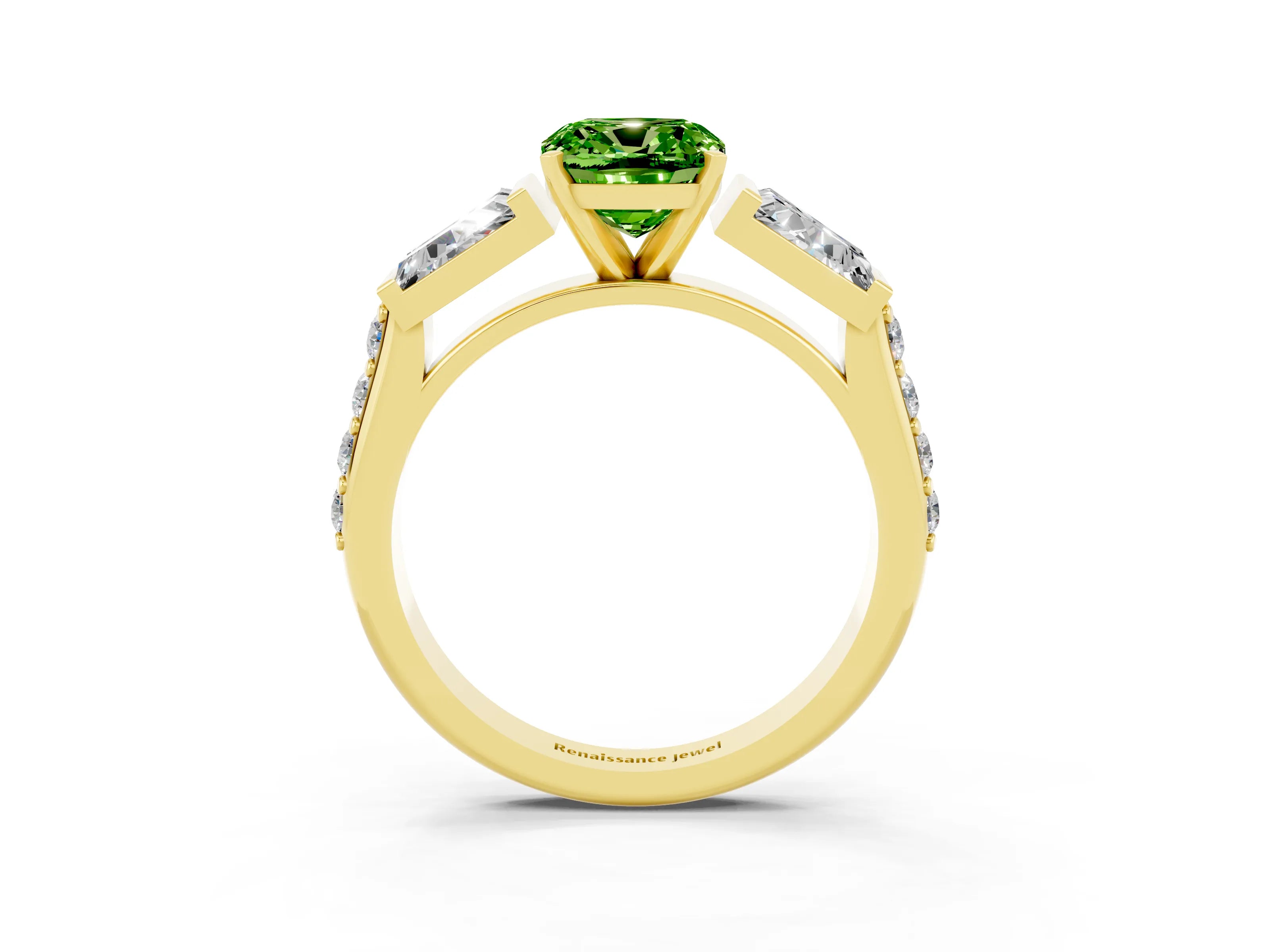 Yellow gold Cushion Cut Peridot Engagement Ring with Baguette Side Stones and Channel Set Band_3