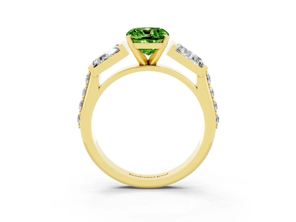 Yellow gold Cushion Cut Peridot Engagement Ring with Baguette Side Stones and Channel Set Band