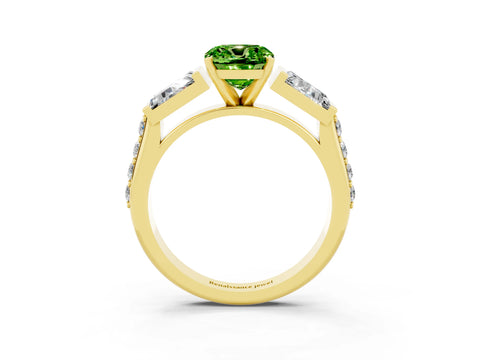 Yellow gold Cushion Cut Peridot Engagement Ring with Baguette Side Stones and Channel Set Band_3