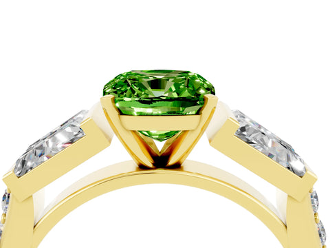 Yellow gold Cushion Cut Peridot Engagement Ring with Baguette Side Stones and Channel Set Band_4