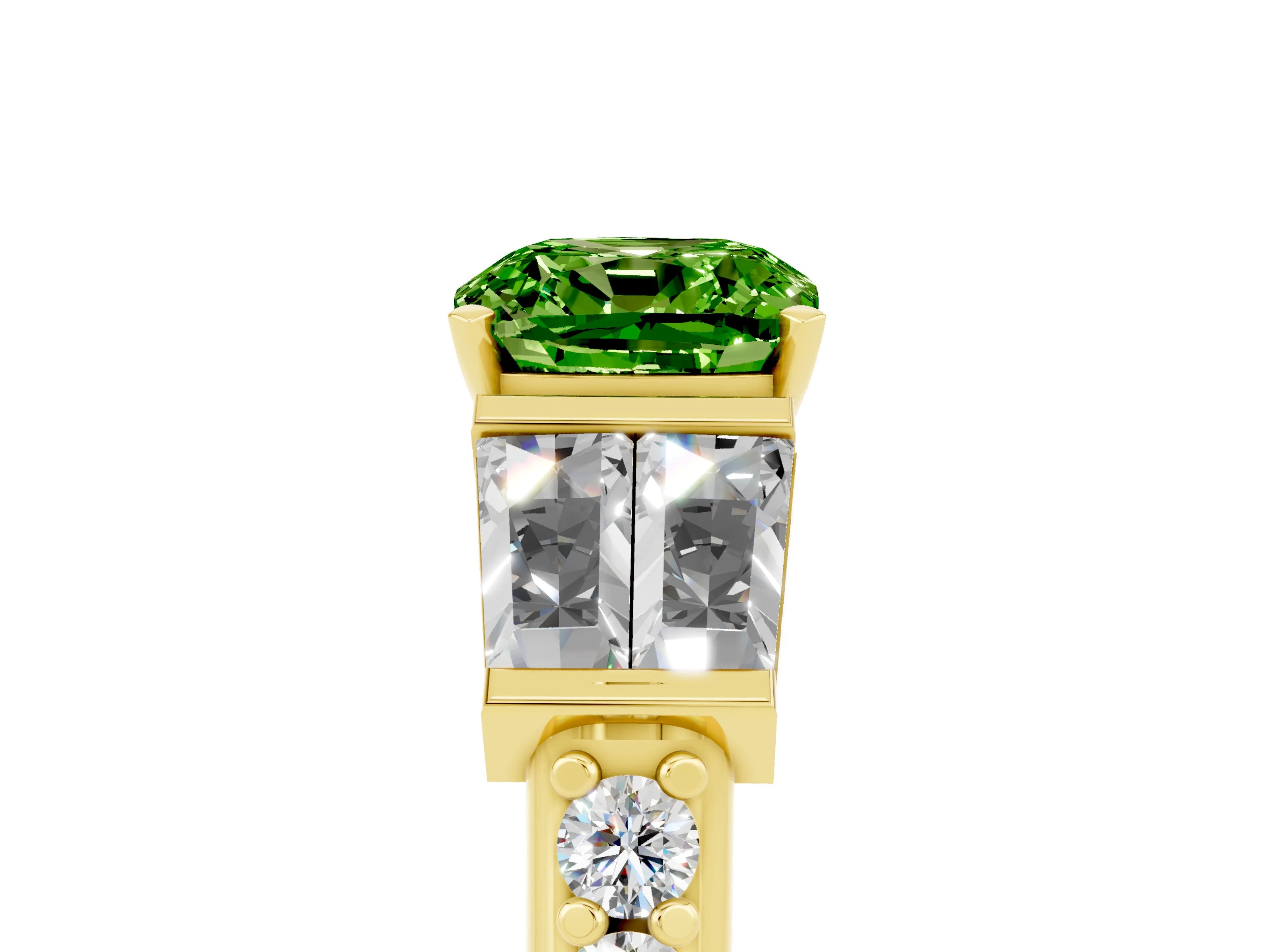 Yellow gold Cushion Cut Peridot Engagement Ring with Baguette Side Stones and Channel Set Band_5