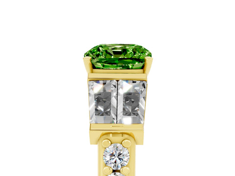 Yellow gold Cushion Cut Peridot Engagement Ring with Baguette Side Stones and Channel Set Band_5