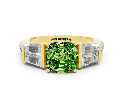 Yellow gold Cushion Cut Peridot Engagement Ring with Baguette Side Stones and Channel Set Band