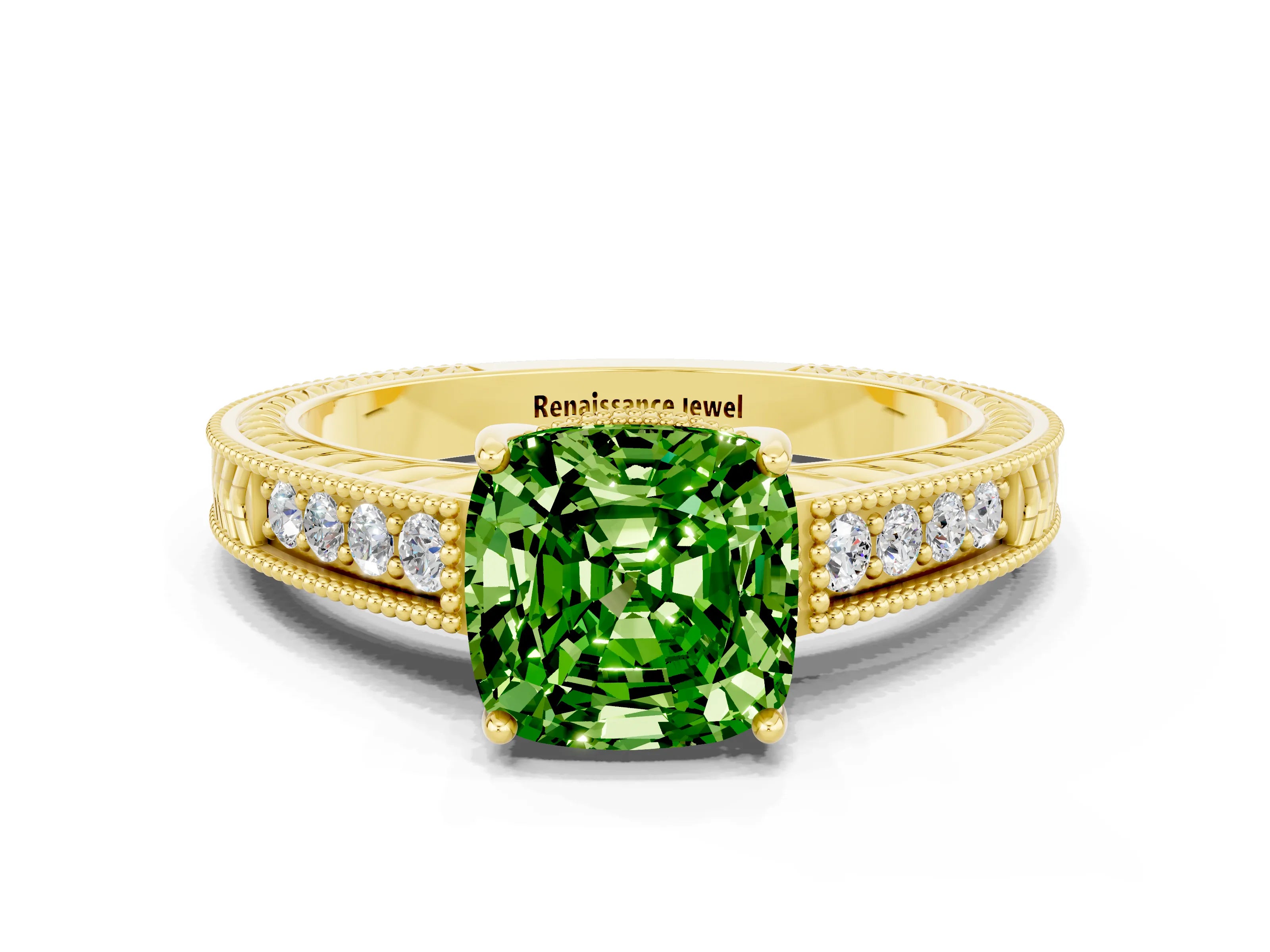 Yellow gold Cushion Cut Peridot Engagement Ring with Milgrain Channel Set Band and Prong Setting