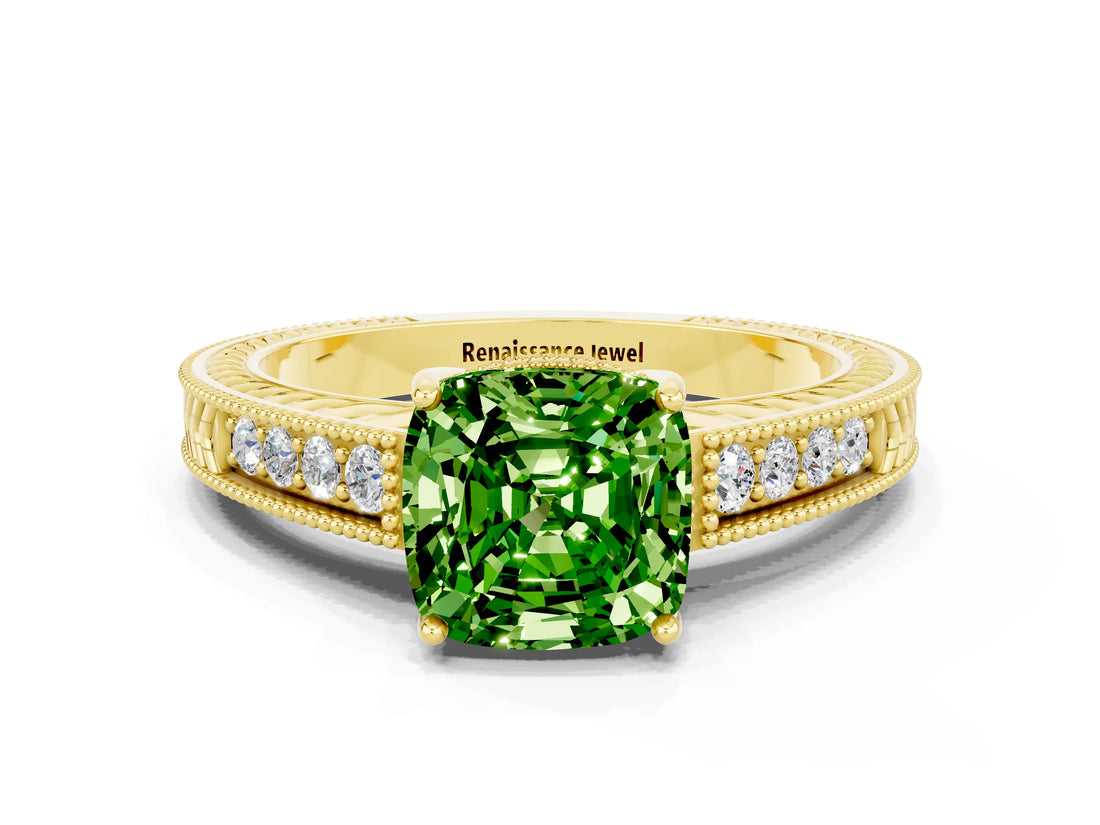 Yellow gold Cushion Cut Peridot Engagement Ring with Milgrain Channel Set Band and Prong Setting