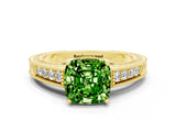 Yellow gold Cushion Cut Peridot Engagement Ring with Milgrain Channel Set Band and Prong Setting
