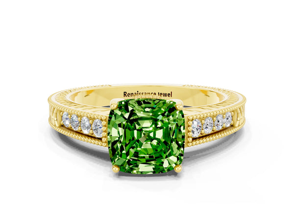 Yellow gold Cushion Cut Peridot Engagement Ring with Milgrain Channel Set Band and Prong Setting