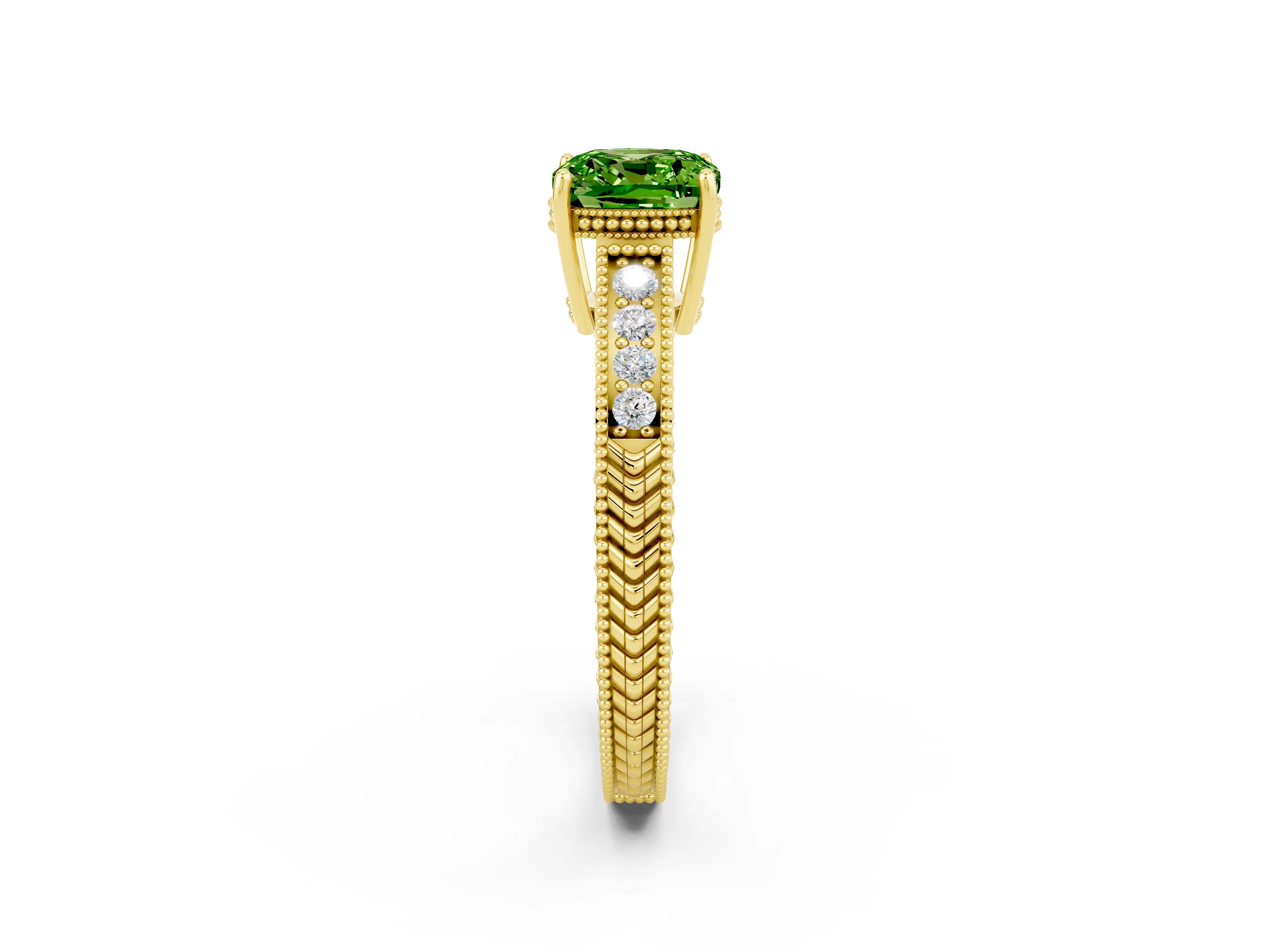 Yellow gold Cushion Cut Peridot Engagement Ring with Milgrain Channel Set Band and Prong Setting_2