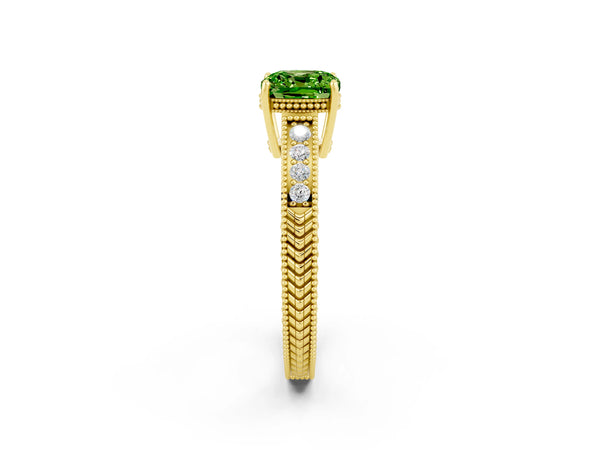Yellow gold Cushion Cut Peridot Engagement Ring with Milgrain Channel Set Band and Prong Setting