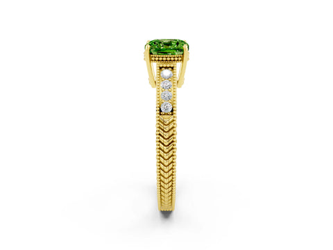 Yellow gold Cushion Cut Peridot Engagement Ring with Milgrain Channel Set Band and Prong Setting_2