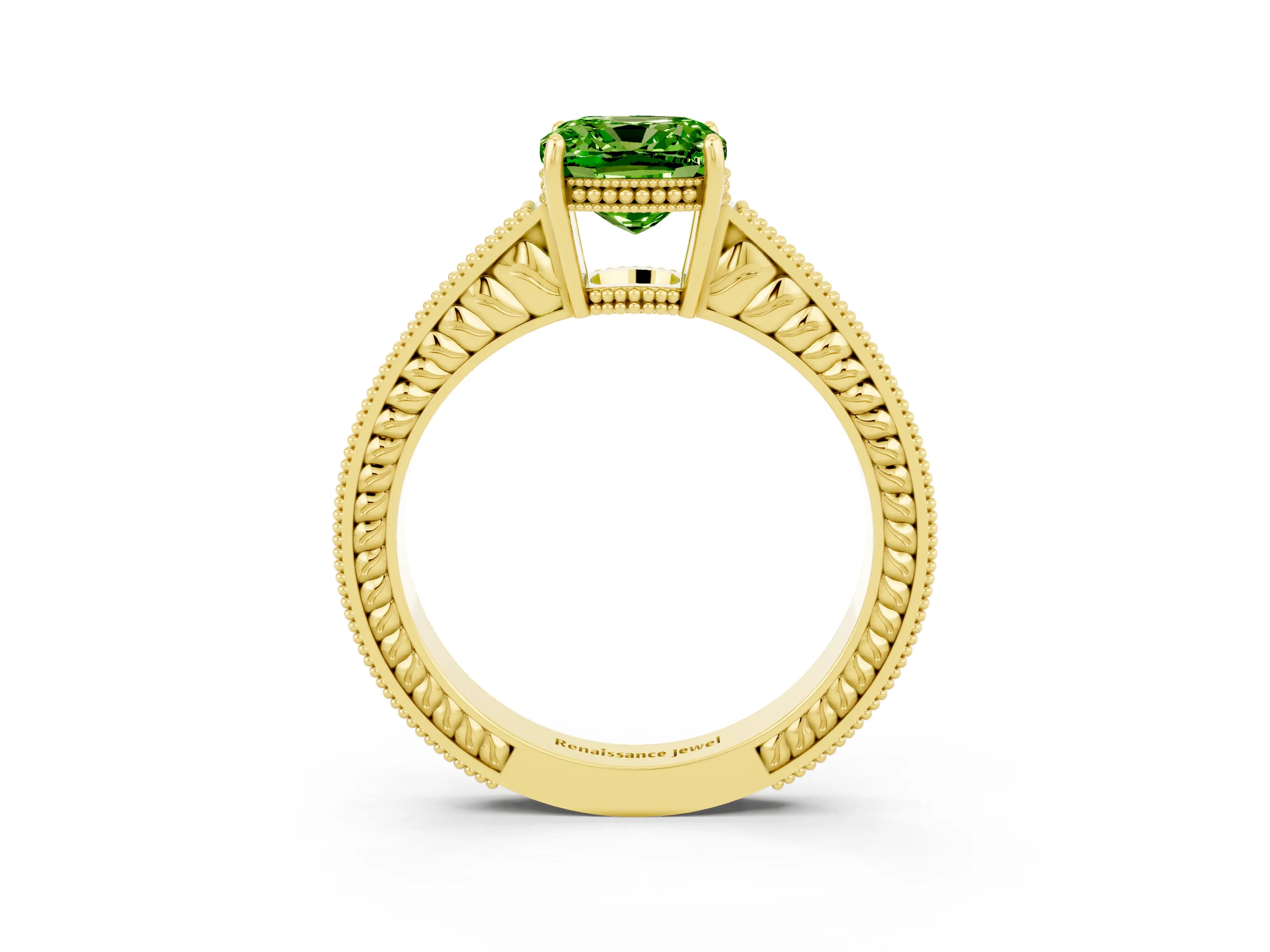 Yellow gold Cushion Cut Peridot Engagement Ring with Milgrain Channel Set Band and Prong Setting_3
