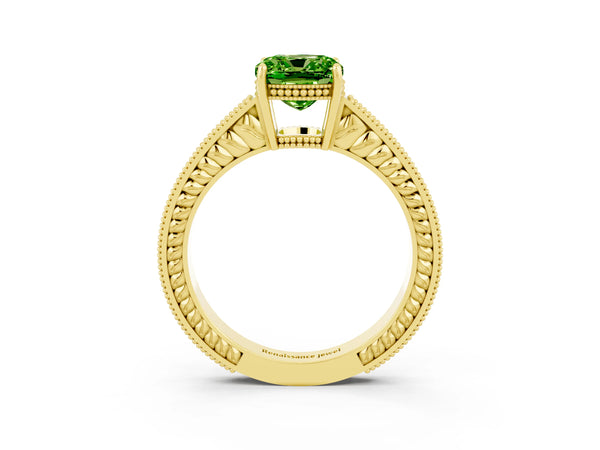 Yellow gold Cushion Cut Peridot Engagement Ring with Milgrain Channel Set Band and Prong Setting