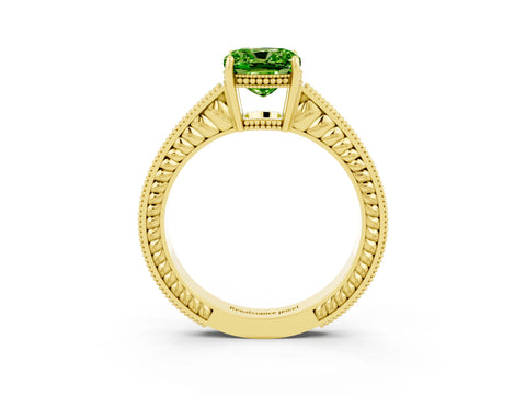 Yellow gold Cushion Cut Peridot Engagement Ring with Milgrain Channel Set Band and Prong Setting_3